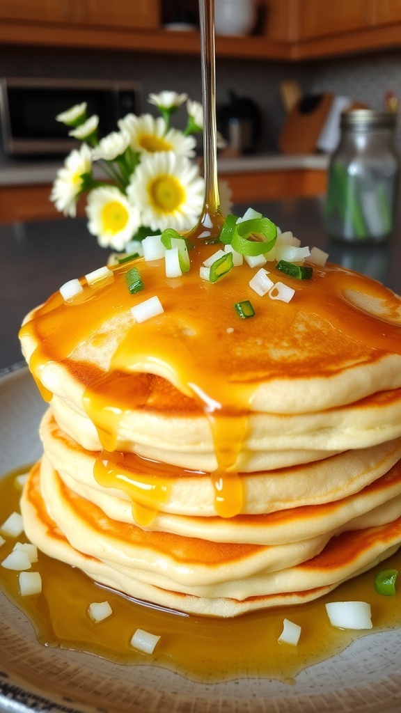 Fluffy onion pancakes stacked with syrup and chopped onions, served in a cozy kitchen.